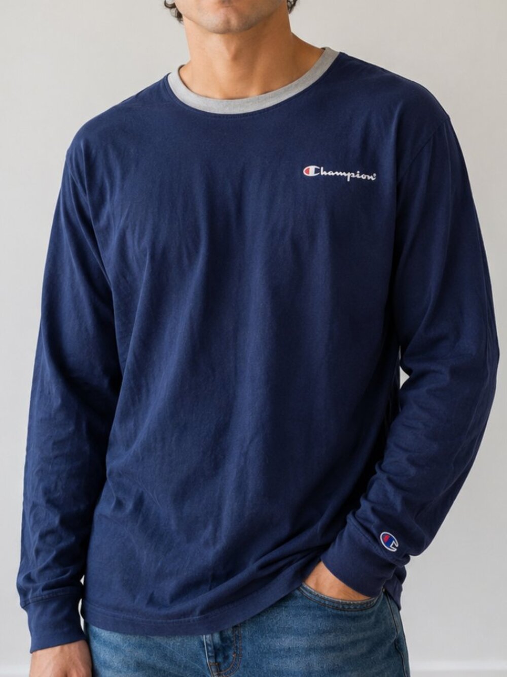 Champion Navy Blue Long Sleeve Logo Shirt Gray Collar Size Large